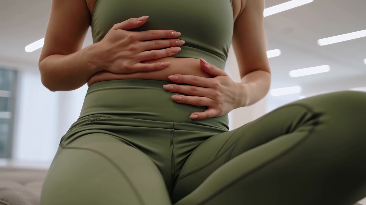 Seated woman in matching olive green sports bra and high waist leggings pressing both hands to abdomen in studio, showing calm fitness pose, nude manicure, toned midsection, and relaxed wellness mood
