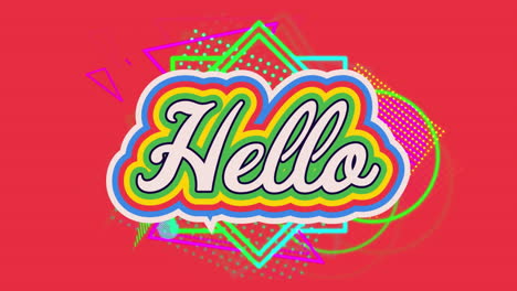 animation of hello text with rainbow colours and multiple abstract shapes moving on red background.