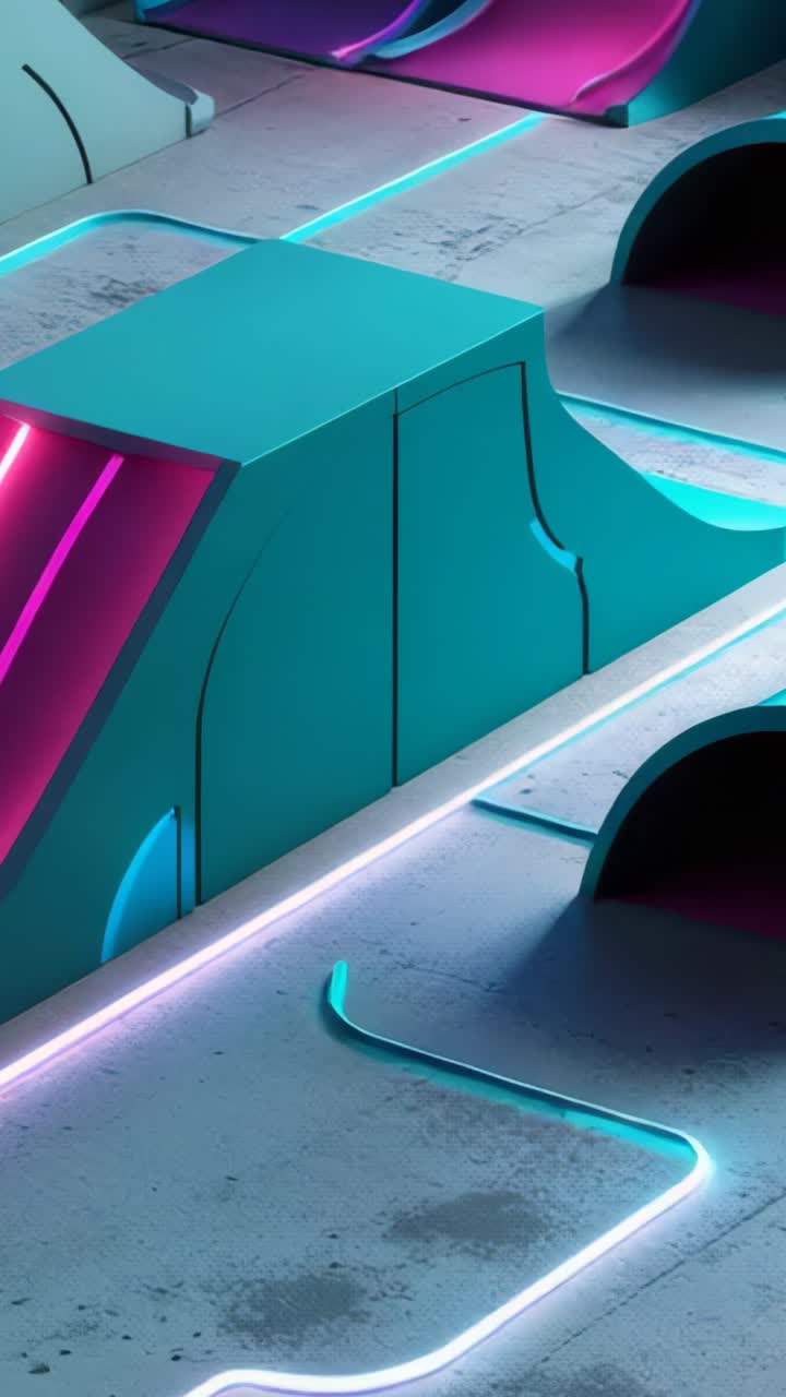 Video verticale: scena iniziale con tubi al neon che pulsano in tonalità magenta-ciano intorno a un blocco turchese su una rampa