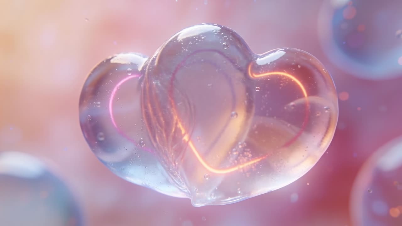 L'assottigliamento della giunzione fa sì che i lobi di vetro si fondano in un cuore per il marketing, con un cuore al neon che brilla e la telecamera che zooma.