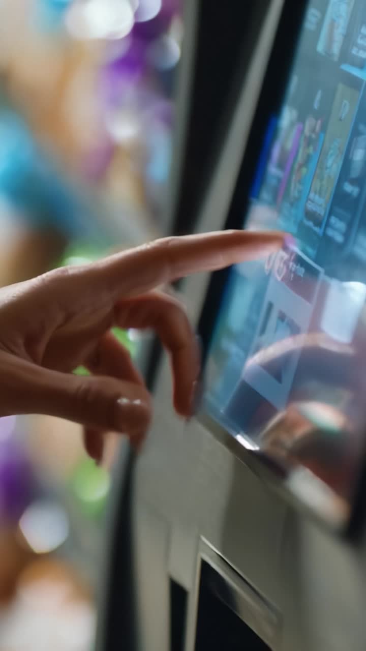 A Close-Up View of a Person Interacting with a Touchscreen Vending Machine for a Snack or Beverage Selection