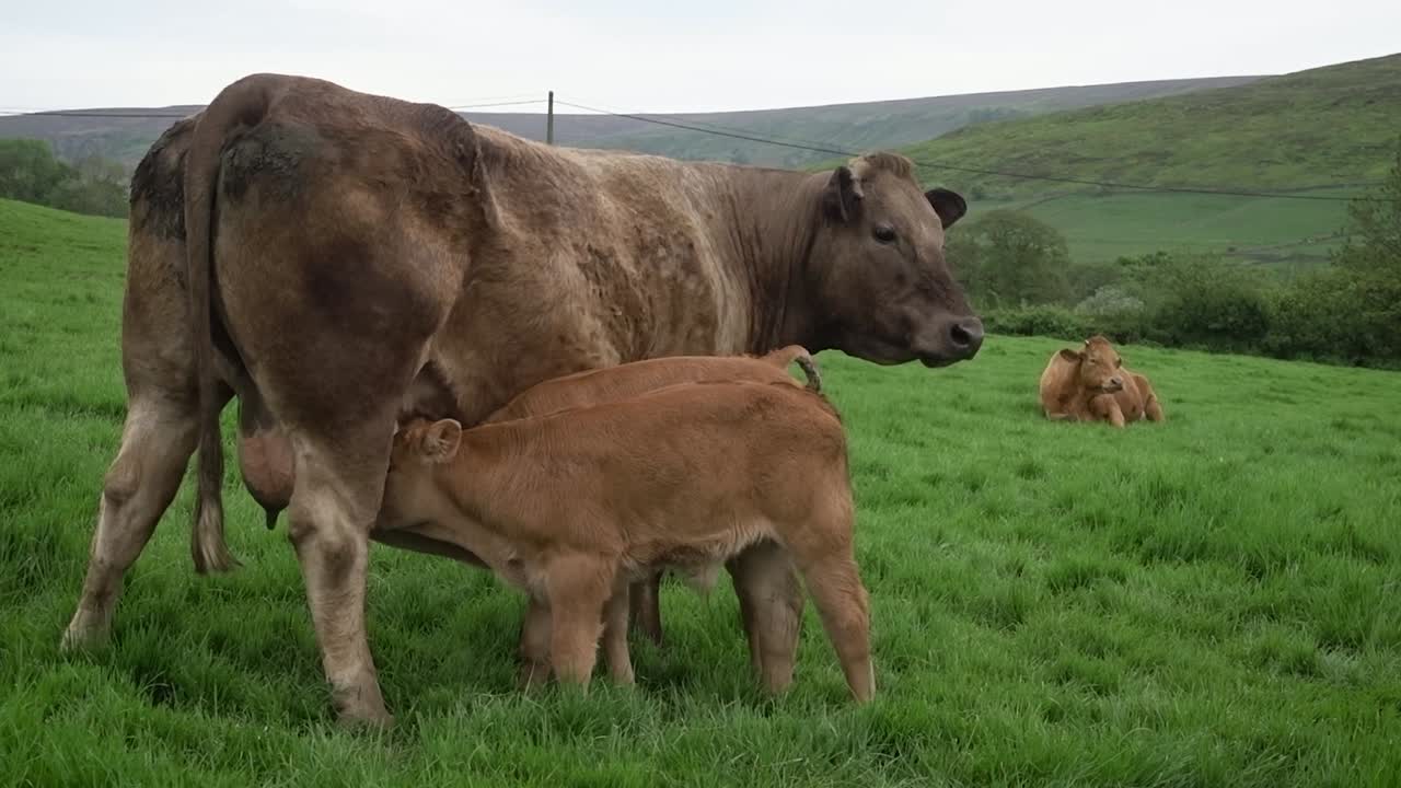 лимузинная корова с очень молодыми двойными быками, сосущими ее сиськи