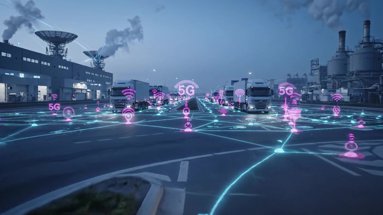Un paesaggio urbano futuristico che presenta una logistica avanzata, con camion che percorrono strade intelligenti interconnesse illuminate da reti digitali e tecnologia 5G.
