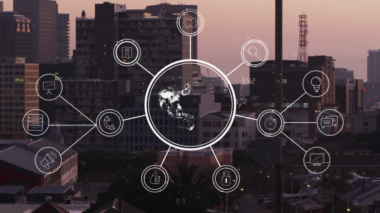 animación de la red de conexiones con íconos y procesamiento de datos digitales sobre el paisaje urbano