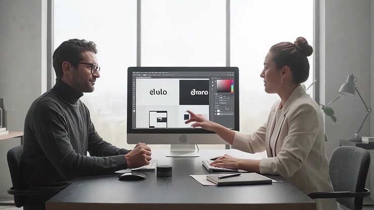 Graphic Designers Collaborating on Branding Project in Modern Office