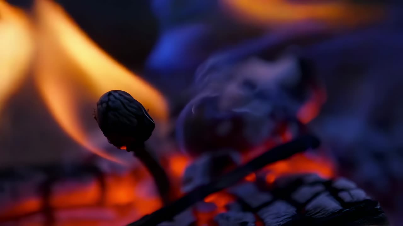 Matchstick burning and igniting, generating flickering flames and rising smoke, creating warm, inviting atmospheric glow against dark background