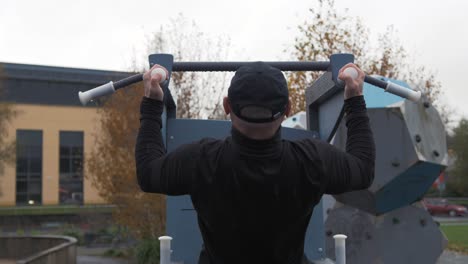 ft man performs pull-ups utilizing outdoor park equipment