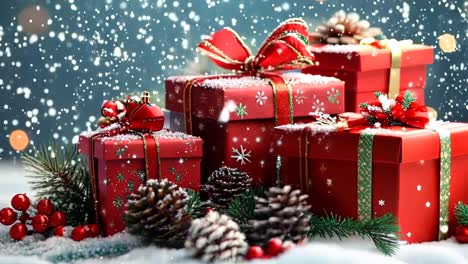 a red box with a bow on top of a pile of red boxes. the boxes are decorated with pine cones and berries. concept of warmth and joy, as it is a representation of the holiday season