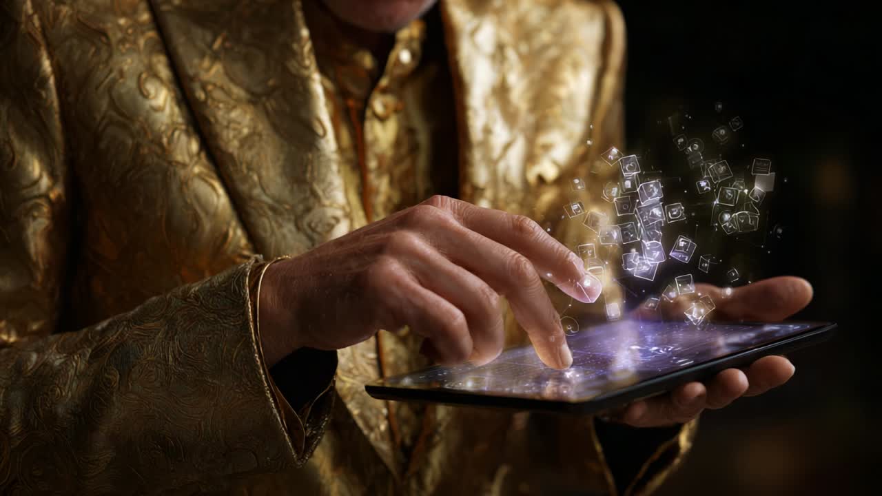 A Glimpse into Digital Innovation: A Person in Elegant Attire Interacting with a Tablet, Projecting Magical Illusions and a 3D Holographic Globe, Showcasing the Fusion of Tradition and Modern Technology