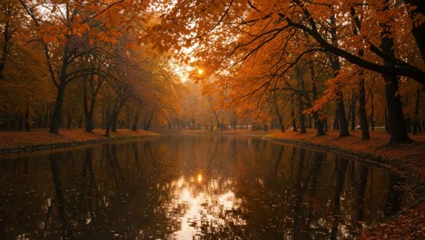 serene autumn reflections: a tranquil journey through a forest pond surrounded by fiery orange and golden leaves under a soft sunset glow