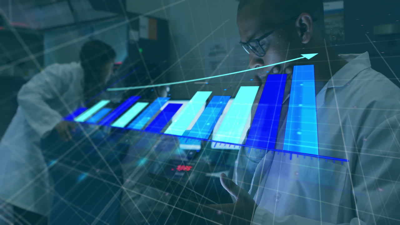 Scientists analyzing data with bar graph animation overlay in laboratory setting