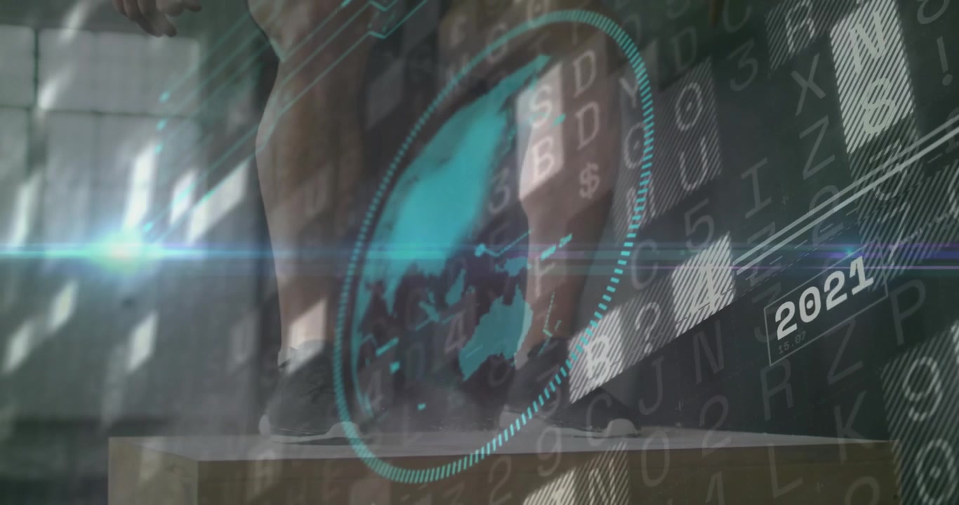 Camera panning showing man climbing steps within globe overlay shifting technology timeline labels