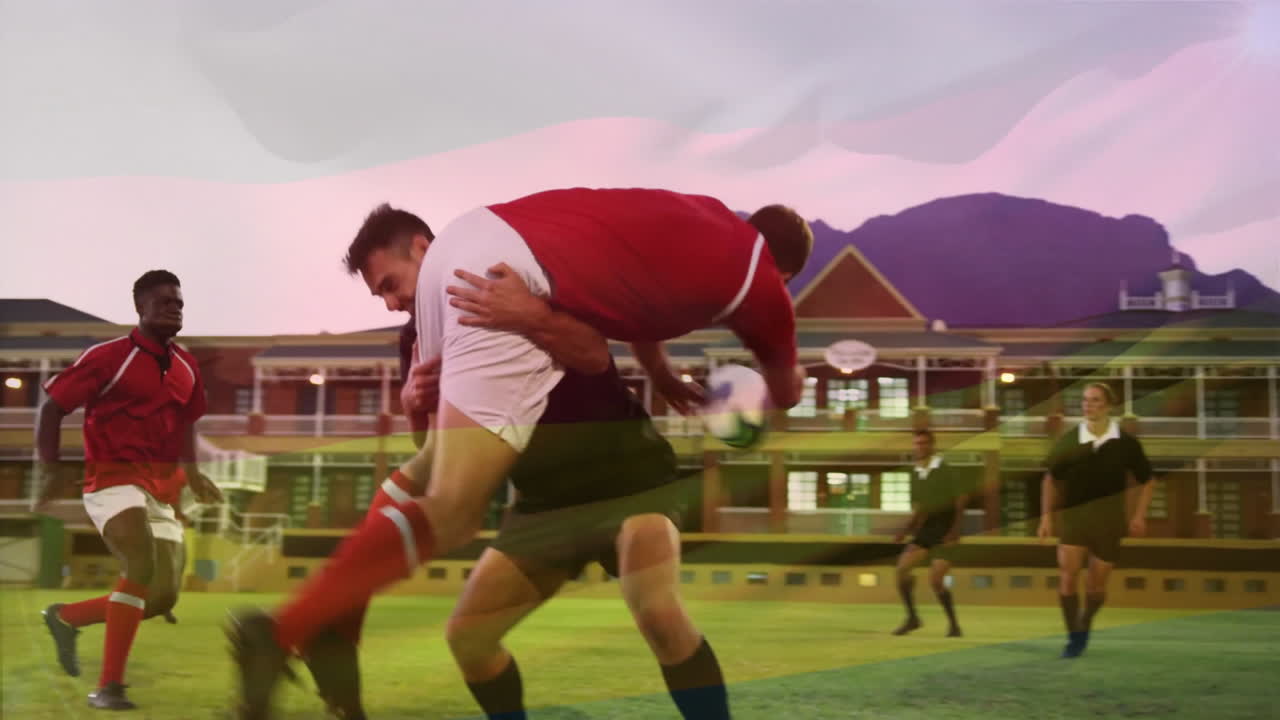 Playing rugby on field, athletes with mountains in background, creating animation