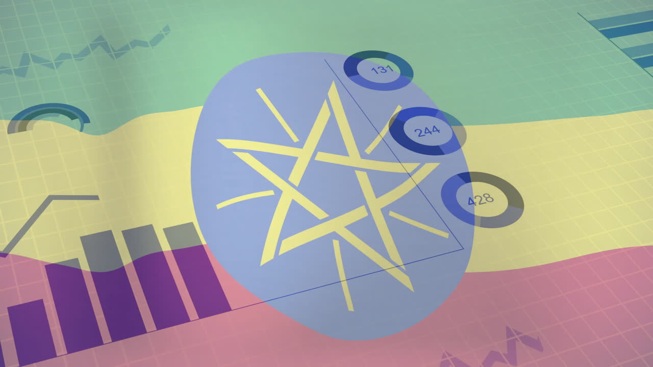 animación de visualización de datos y gráficos y gráficos coloridos sobre la bandera de etiopía