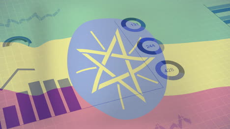 data visualization animation and colorful charts and graphs over flag of ethiopia