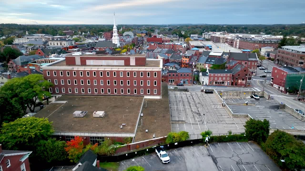 aerial slow push into downtown portsmouth new hampshire