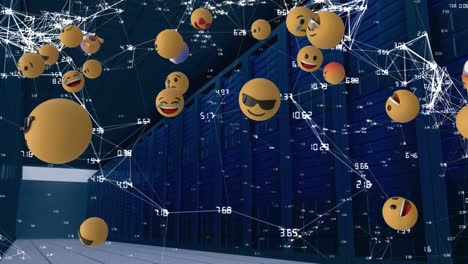 múltiples emojis de cara flotando sobre la red de conexiones contra la sala del servidor de la computadora