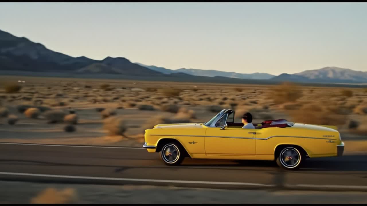 A classic yellow convertible drives along a winding road in a vast desert under a colorful sunset. The serene landscape features mountains and sparse vegetation, creating a picturesque backdrop.