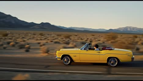 a classic yellow convertible drives along a winding road in a vast desert under a colorful sunset. the serene landscape features mountains and sparse vegetation, creating a picturesque backdrop.