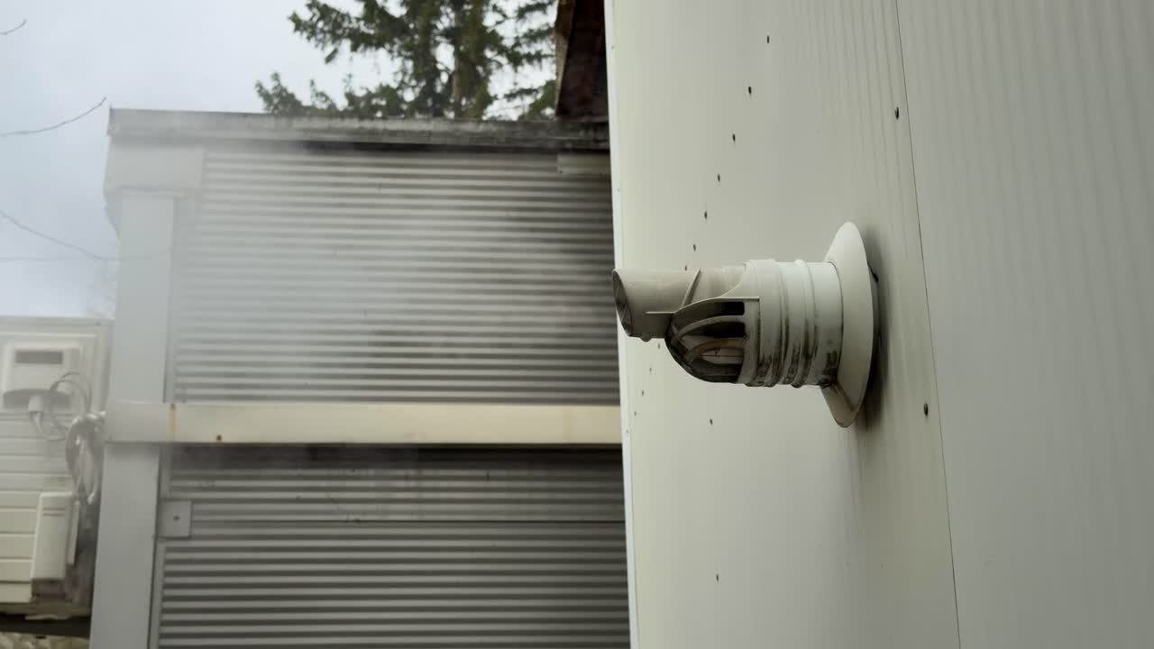 Steam flows from a plastic wall vent mounted on a light colored industrial building, with corrugated metal structures behind. The scene suggests ventilation, exhaust, maintenance, and infrastructure