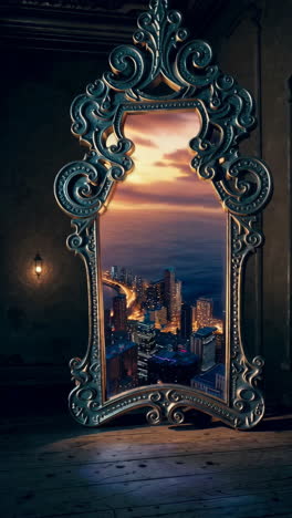 a cityscape reflected in an ornate mirror