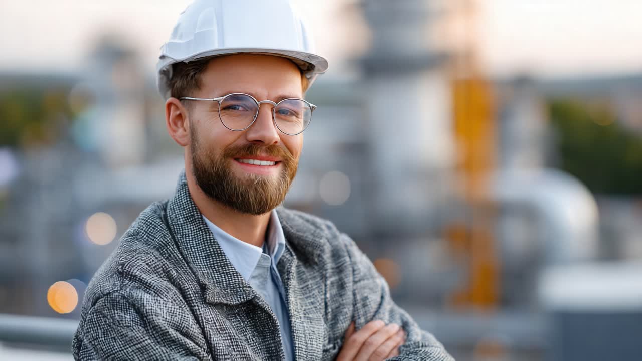 Confident Engineer with Safety Helmet at Work Site, Smiling with Crossed Arms, Showcasing Professionalism and Safety in Industrial Environment