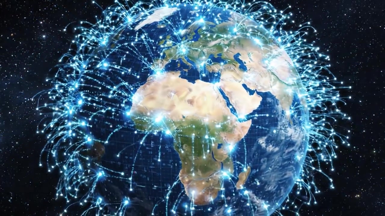 Una straordinaria trasformazione: dalla Terra naturale a una rete digitale di connettività, che illustra l'evoluzione della comunicazione e della tecnologia globale in un contesto cosmico.