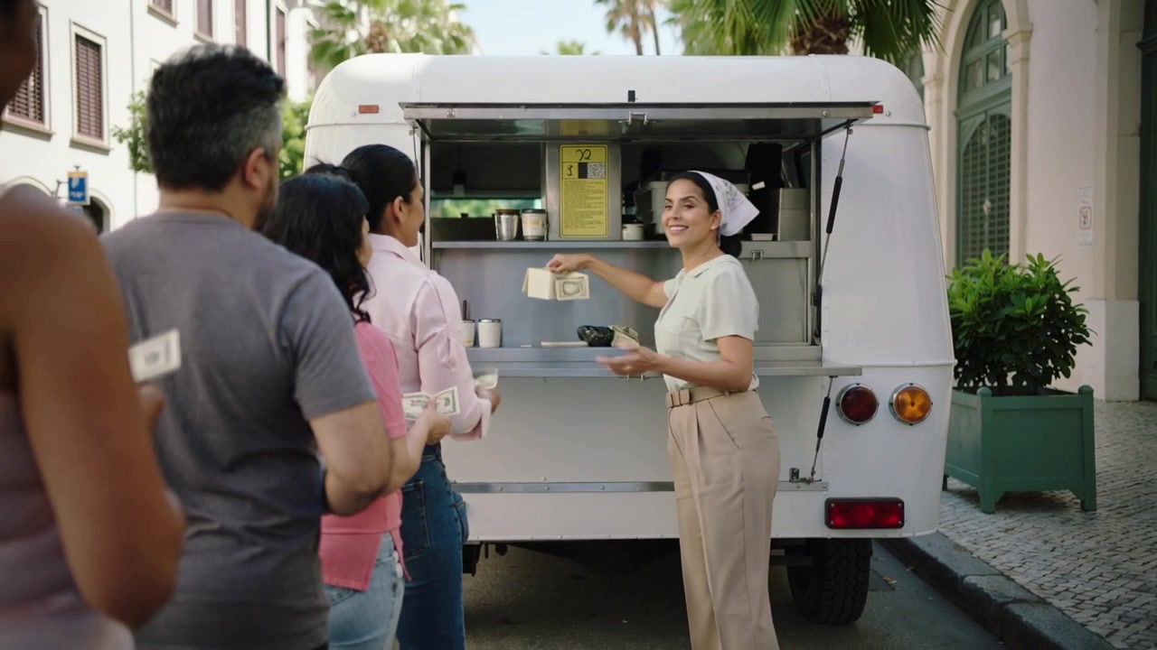 Aprendo il portello, un venditore al camion, che indossa una bandana e una camicia, consegna l'ordine ai clienti che tengono contanti.