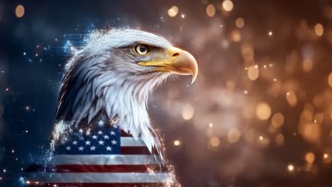 bald eagle with american flag and patriotic bokeh background