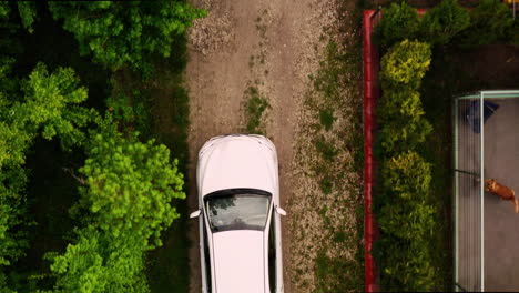 medium aerial drone shot of white car arriving home down driveway