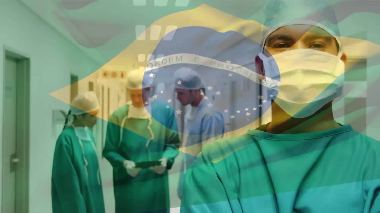Animazione della bandiera del Brasile che sventola sopra dei chirurghi nel corridoio dell'ospedale