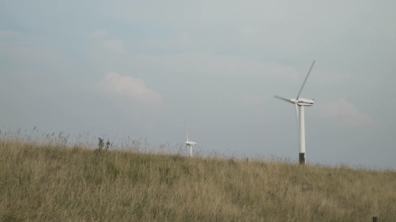 Two white windmills besides a green dyke in Zeeland, Holland, 4K, UHD.
