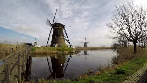 dutch windmills in kinderdijk reflect in the water