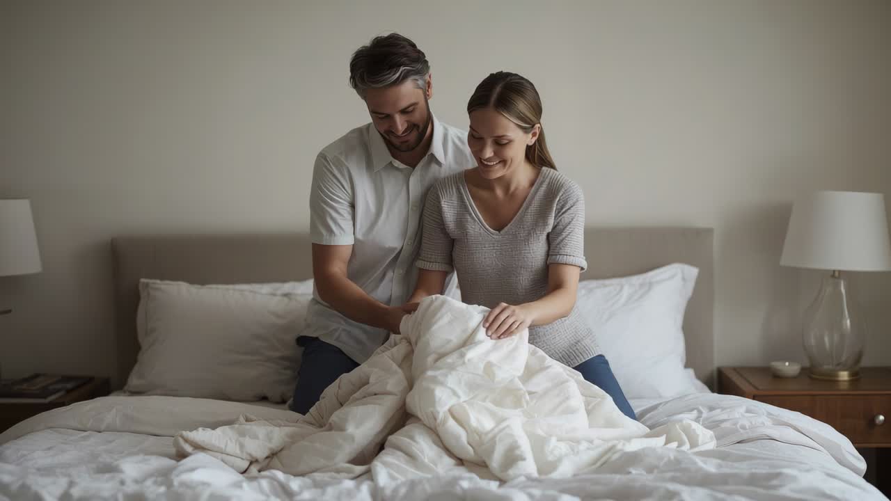 Melihat selimut yang kusut, pasangan berkaos lengan pendek mengembang dan merapikan selimut putih di kamar tidur.