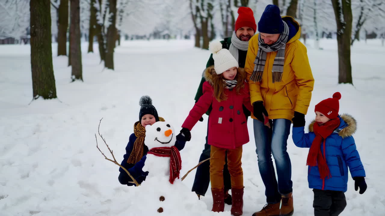 A happy family building a snowman in a snowy park