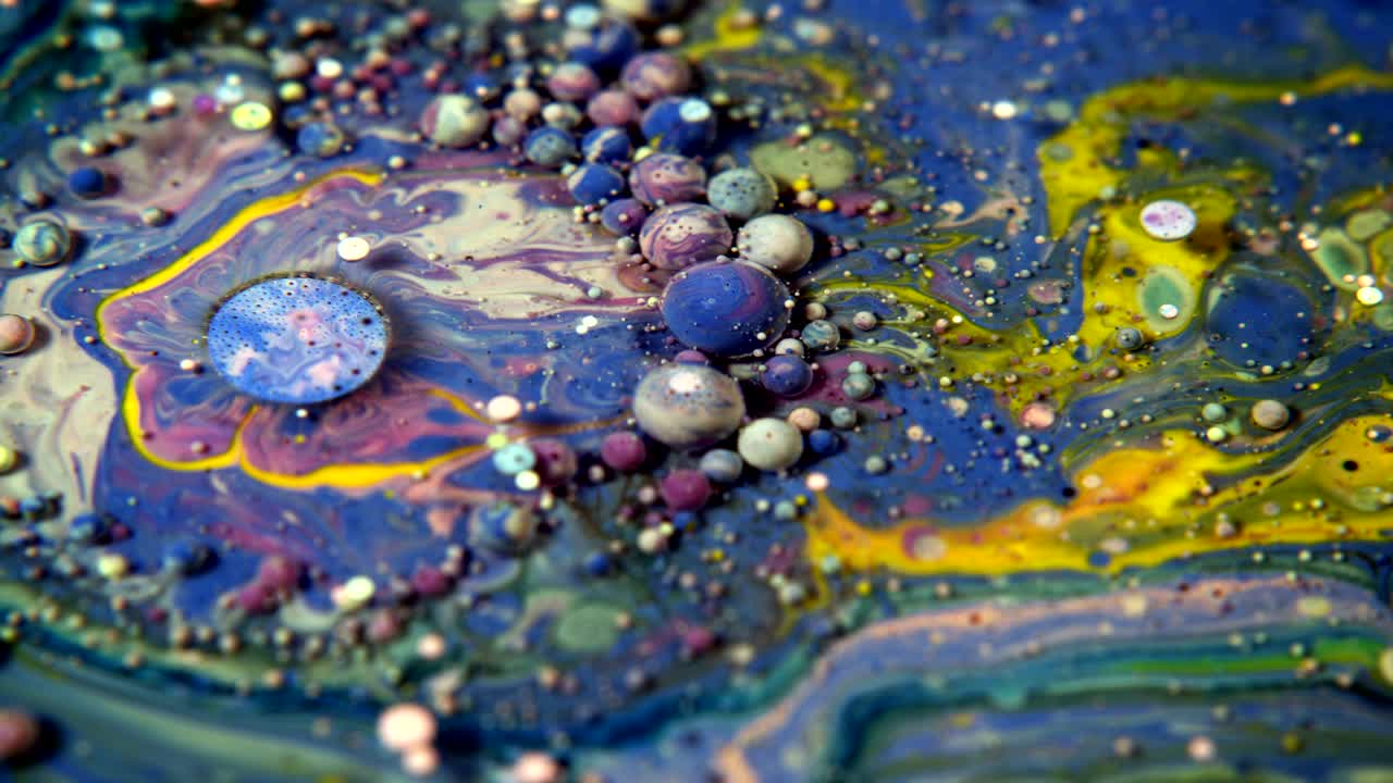 Abstrakte, farbenfrohe Blasen aus Acryl- und Lebensmittelfarbe auf Wasser