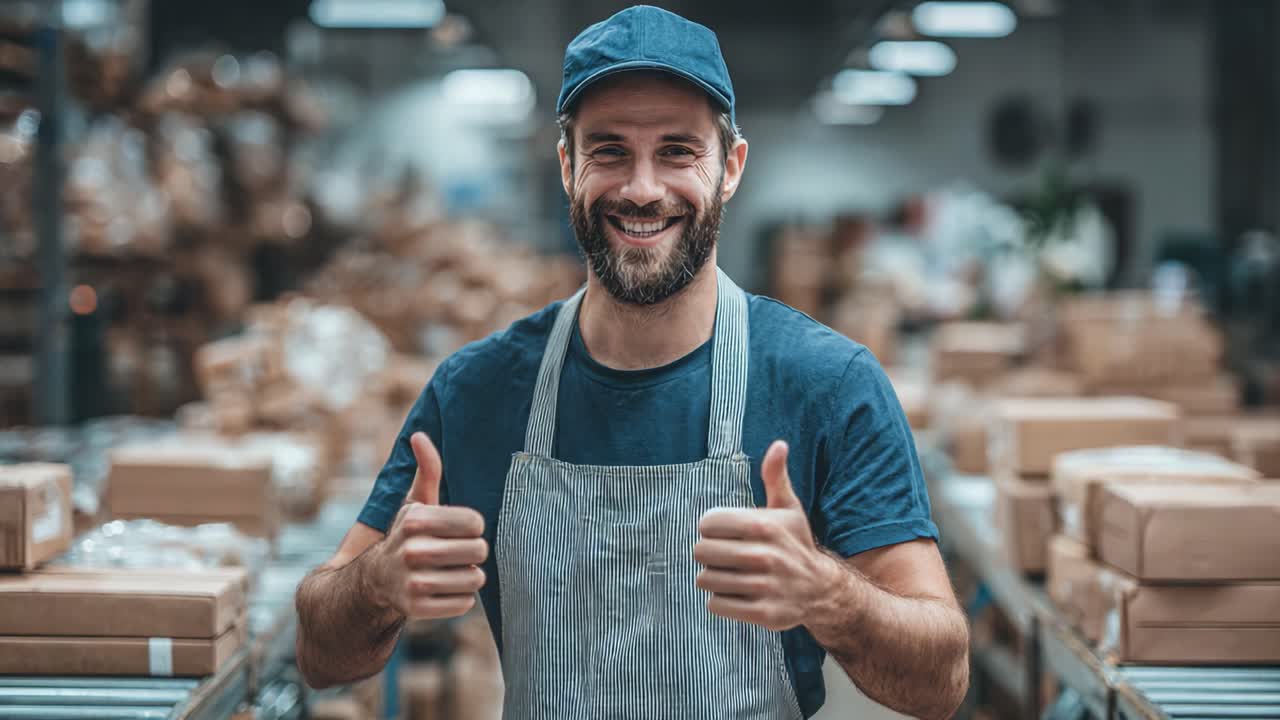 A Friendly Warehouse Worker Cheerfully Giving Thumbs Up in a Busy Storage Facility, Emphasizing Positive Attitude and Team Spirit in a Professional Environment