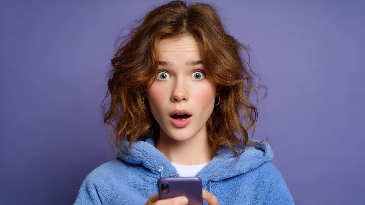 A Surprised Young Woman with Curly Hair and Green Eyes Stares at Her Phone in Shock Against a Purple Background, Capturing an Unexpected Moment of Emotion