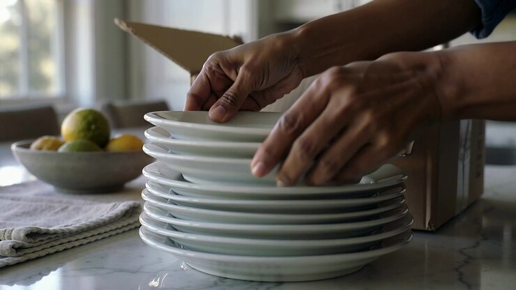 Opening cardboard box, hands in dark top lifting white plates onto marble island unpacking plates