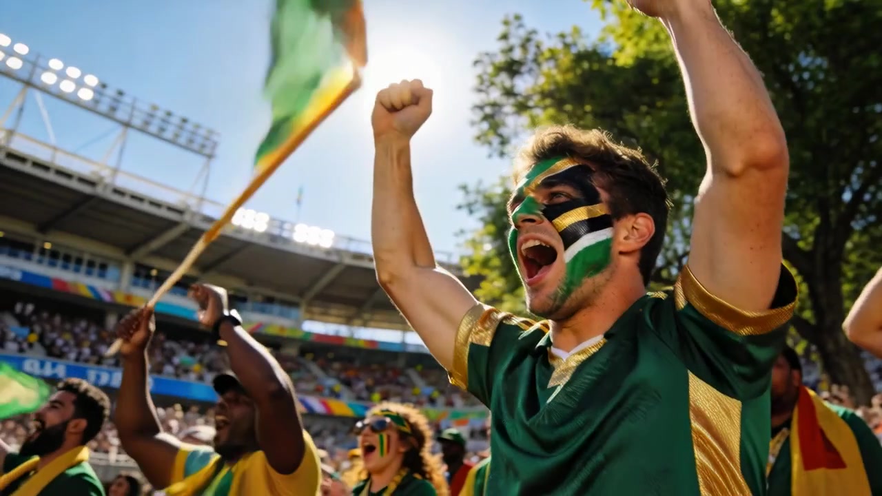Homem com o rosto pintado gritando, vestindo camisa verde, levantando os braços no estádio após o gol, agitando bandeiras.