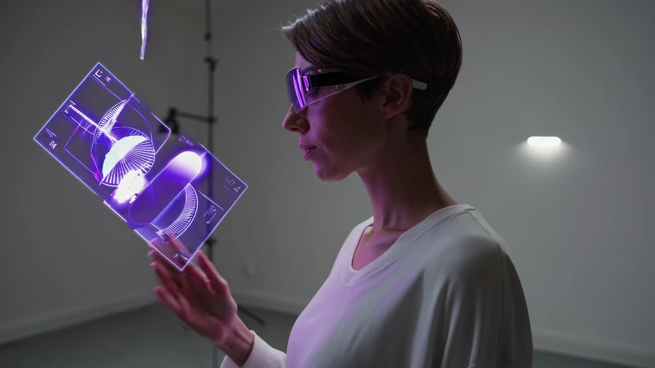Woman interacting with holographic displays