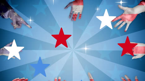 animation of hands and flying stars over spinning stripes