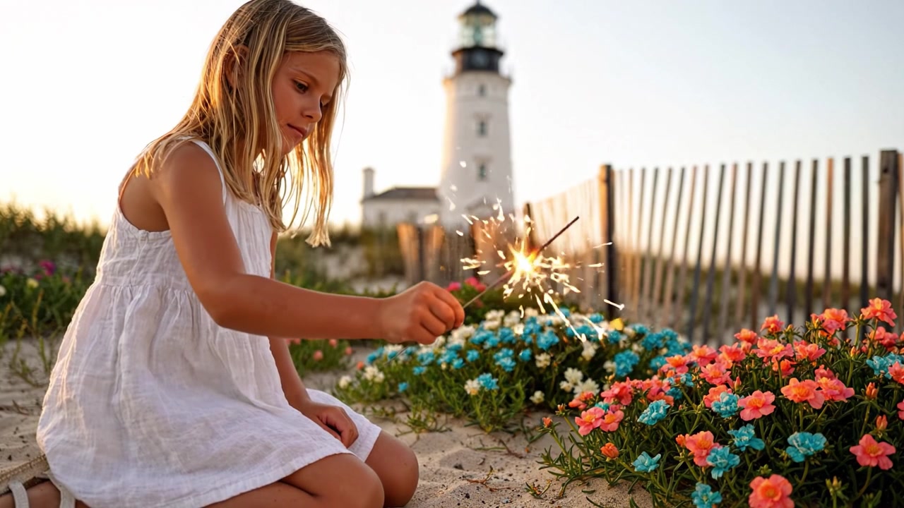 Una giovane ragazza gioca gioiosamente con le stelline circondata da fiori vivaci vicino a un faro sotto un bellissimo cielo al tramonto in spiaggia