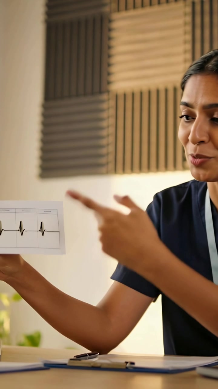 Vertical video: Showing ECG nurse in scrubs pointing at peaks, explaining rhythm at desk