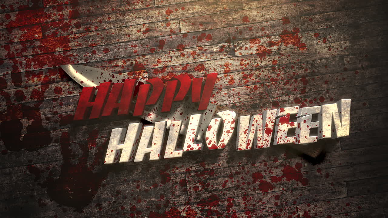 feliz halloween con sangre roja con cuchillo en madera