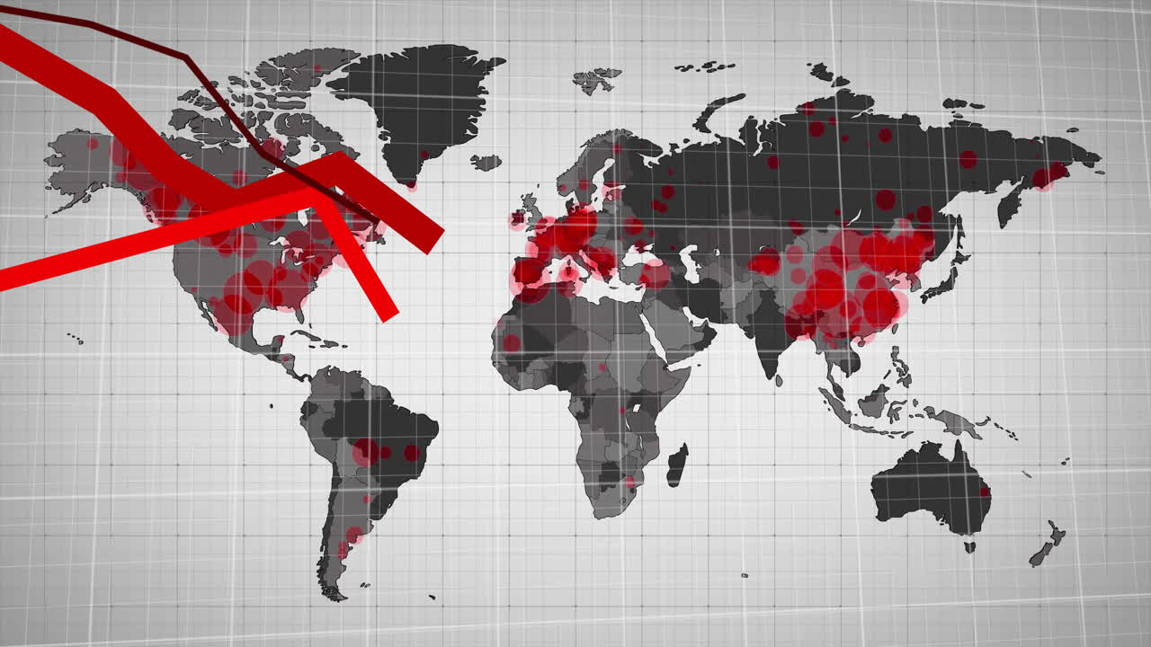 animación de líneas rojas y procesamiento de datos digitales sobre el mapa del mundo