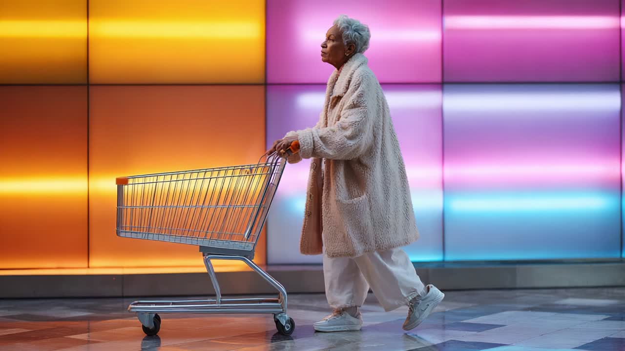 An elderly person in a cozy, oversized coat walks confidently with a shopping cart against a vibrant, colorful backdrop, blending modern style and nostalgia in a shopping environment