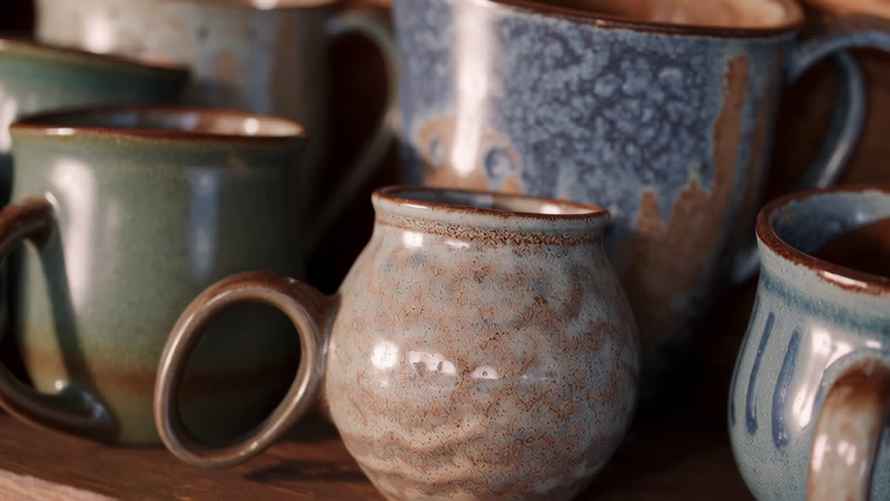 A collection of handmade ceramic mugs on a wooden shelf