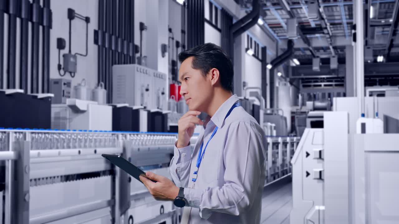 Side View Of An Asian Male Professional Worker With Water Production in Bottling Factory, Observes By Looking Up Before He Come To Concentrating On The Tablet And Keep On Checking