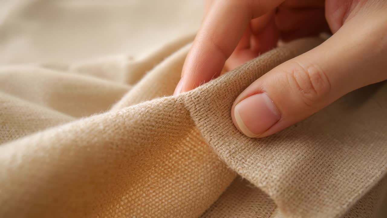 Touching fold, fingers pinching and lifting edge on tabletop to inspect beige knit fabric